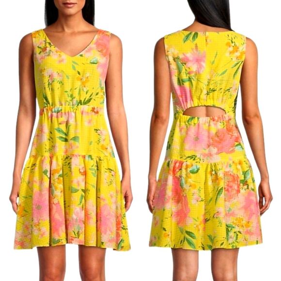 Maison Tara Dress Floral Seersucker Tiered Mini Sleeveless Cut Out Pink Yellow 4 - Picture 1 of 16